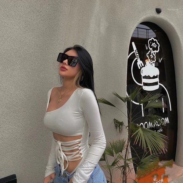 

spring and autumn new long-sleeved t-shirt women's oblique shoulder strapless elastic tight design fashion ins1, White