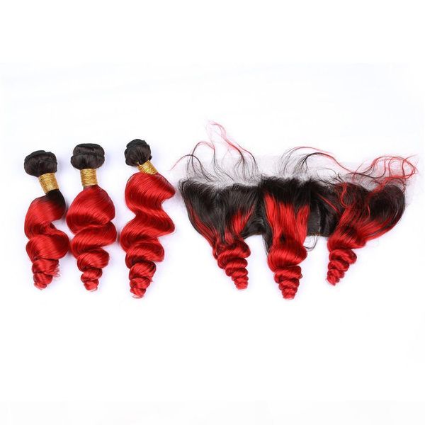 

malaysian virgin human hair bright red loose wave bundles deals 3pcs with frontal 4pcs lot #1b red 13x4 lace frontal closure with weaves, Black;brown