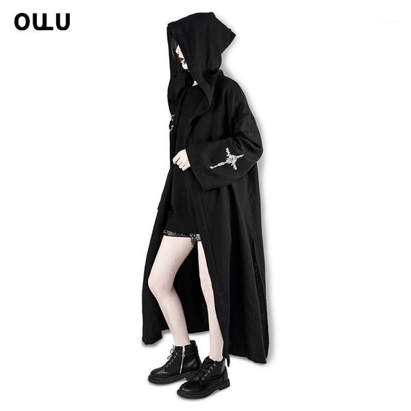 

gothic overcoat black hooded long coat women casual cotton and linen trench coat embroidery1, Tan;black