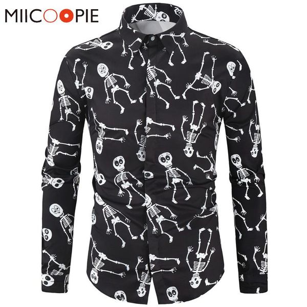 

men's casual shirts button up long sleeved men shirt dress halloween party skulls printed streetwear slim fit camisa hombre, White;black