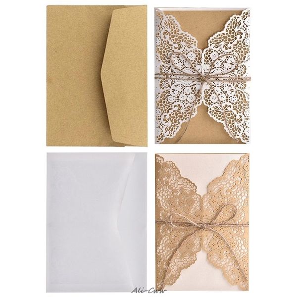 

10pcs/set hollow lace wedding party invitation cards with kraft paper inner sheet envelopes rope