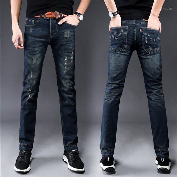 

men's jeans spring and autumn men's slim casual fashion pants trend straight hole denim trousers men demin gtd1, Blue
