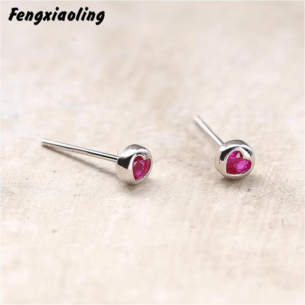 

fengxiaoling real 925 sterling silver red zircon heart round earrings for women freshness beauty mini stud earrings fine jewelry, Golden;silver