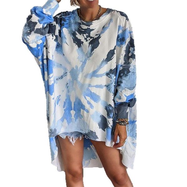 

fashion streetwear club party tie-dye print blouse long sleeve shirt women o neck femme casual long, White