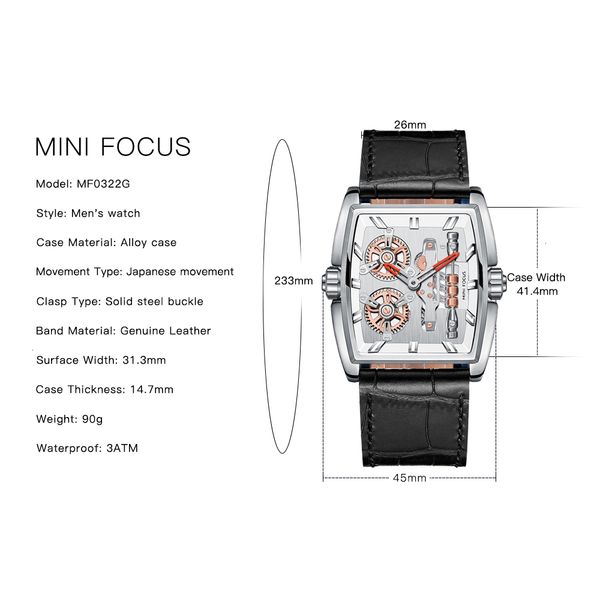 

mini focus brand luxury men watch leather quartz clock fashion chronograph wristwatch male sport military relogio masculino 2020, Silver