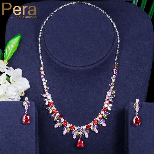 

pera gorgeous multi color red cubic zirconia jewelry big leaf drop earrings and necklaces sets for wedding party banquet j098, Silver