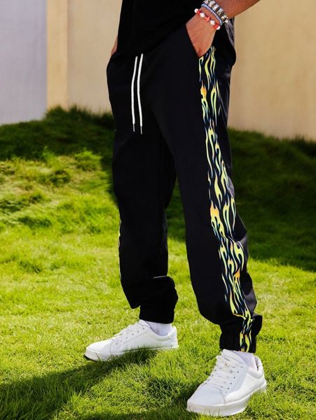 

romwe guys fire graphic drawstring sweatpants h9gi#, Black