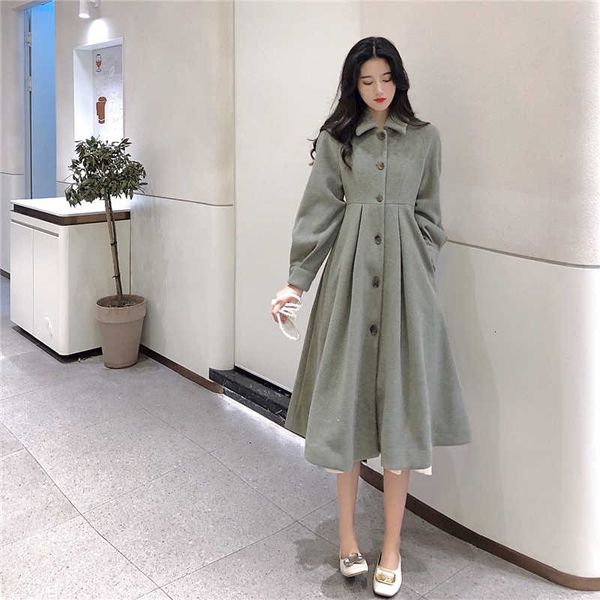 

woolen coat women's spring and winter clothes new korean mid-length slim waist hepburn style thick wool trench, Tan;black