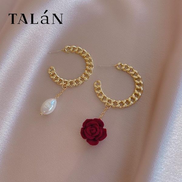 

talan metal chain c-shaped asymmetric earrings rose pendant fashion different personality web celebrity female jewelry, Golden;silver