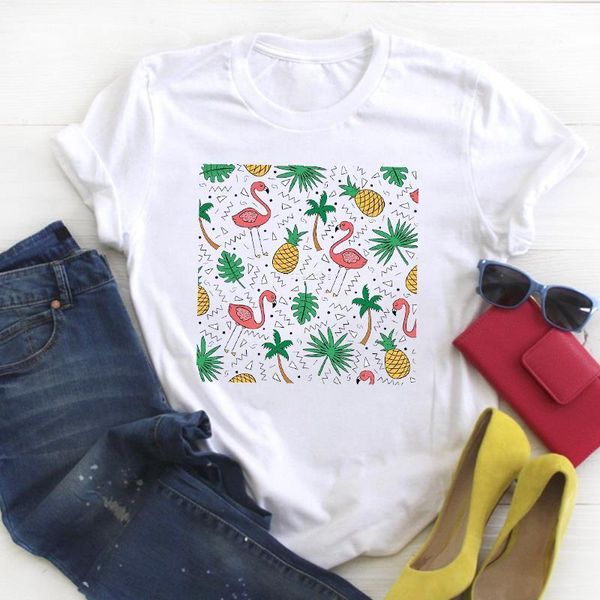 

women flamingo pineapple cute kawaii fashion cartoon ladies summer t tee tshirt womens female shirt clothes graphic t-shirt, White