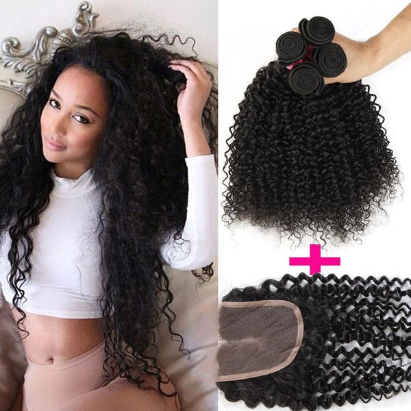 

1pc lace closure+3pcs curly hair wefts brazilian kinky curly virgin human hair weave hair extensions deep curly 7a remy human weft, Black