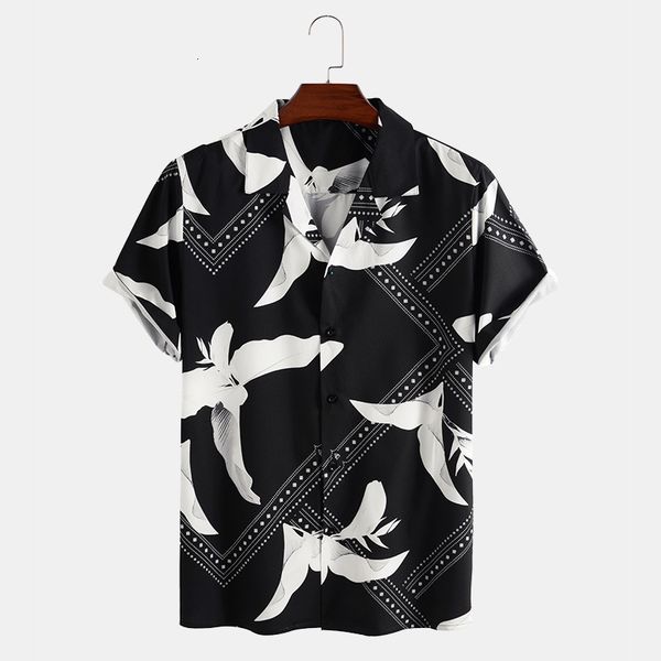 

2021 new short sleeve fashion casual printed men's shirtslim fit fashion floral print dress males clothes38ah, White;black