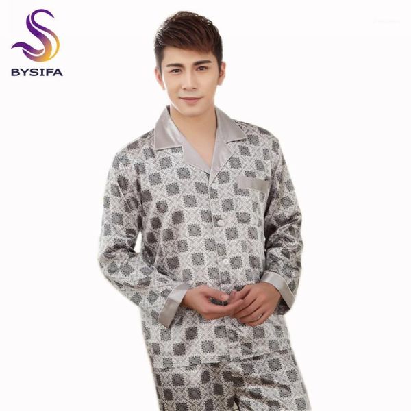 

bysifa] grey men silk pajamas set fashion modern style male home apparel sleep lounge plaid nightwear two-set nightshirt1, Black;brown