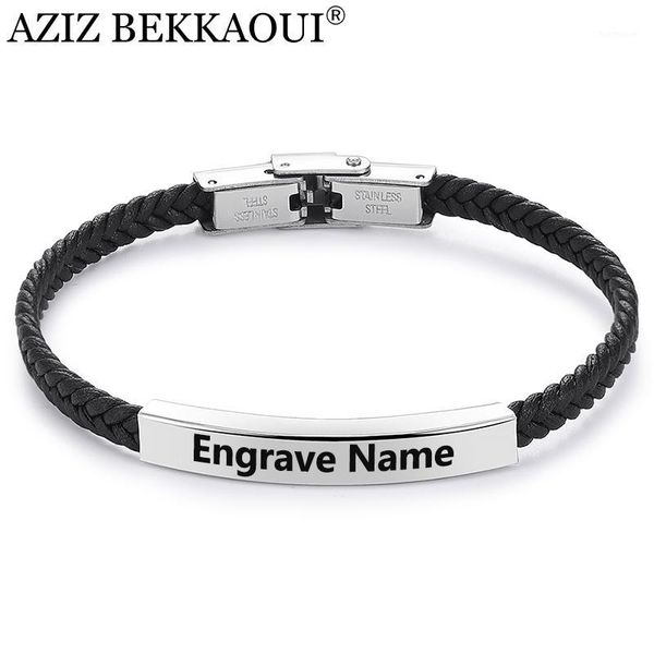 

aziz bekkaoui personalized engraved name leather bracelet stainless steel custom nameplate id bangles for women men jewelry1, Golden;silver