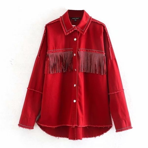 

red vintage shiny rhinestone fringed women's jacket lapel long sleeve single-breasted harajuku chic loose female coat denim coat 201112, Black;brown