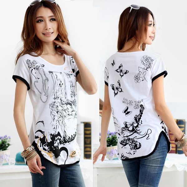 

s-xxxl women summer 2019 short batwing sleeve loose plus size woman clothes t-shirt ink butterfly print casual t shirts top, White