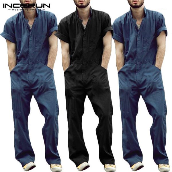 

incerun summer casual men solid short sleeve lapel shirt jumpsuit comfort cargo overalls streetwear fashion joker mens rompers1, Black