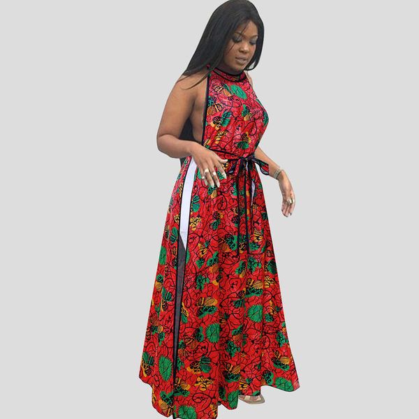 

national style round neck one button print long dress with personality and bandage top, White