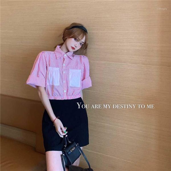 

loose striped women blouse with pockets short sleeves korean fashion blouse1, White