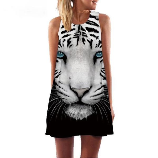 

women dress tiger print sleeveless vintage casual summer dress ladies a line cute short chiffon vestidos fashion dresses, Black;gray