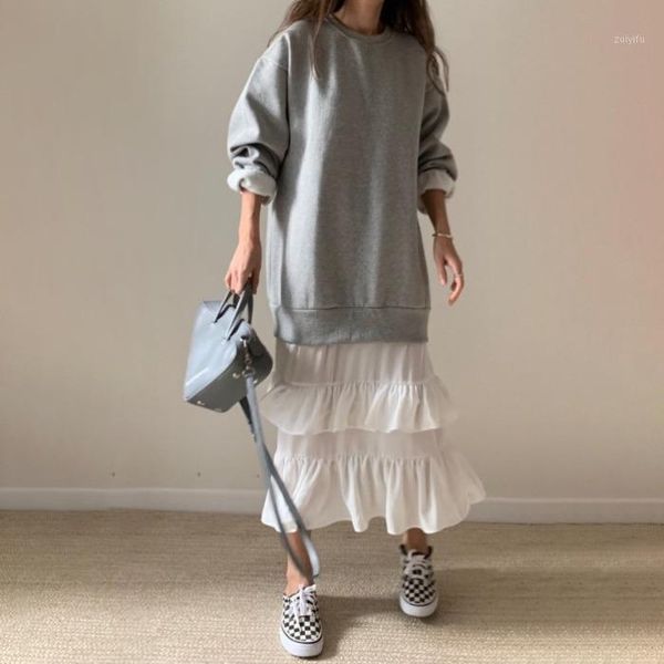 

solid retro loose o neck sweater patchwork ruffles plush long dress for women1, Black;gray