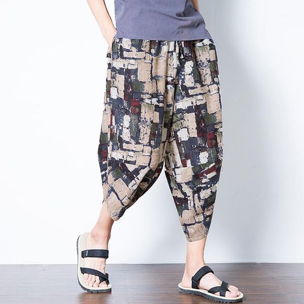 

retro printed cotton loose large size wide leg pants summer men's casual cropped pants beach men's bloomers hip hop sweatpants1, Black