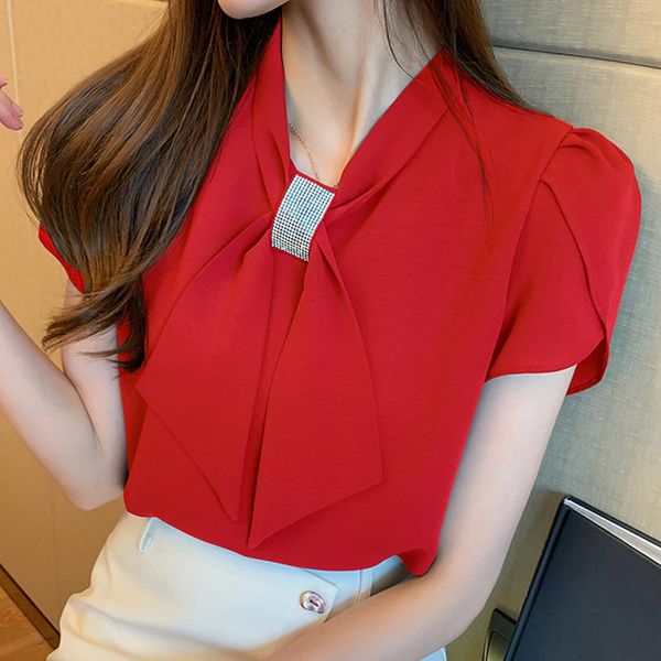 

blouse women 2021 women blouses bow v-neck chiffon blouse shirt short sleeve shirts blusas camisas mujer d327, White