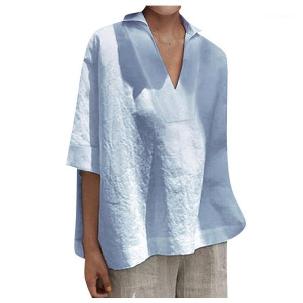 

women's blouses & shirts women's blouse linen material women short sleeve v neck casual loose ladies cotton korean fashion clothi, White