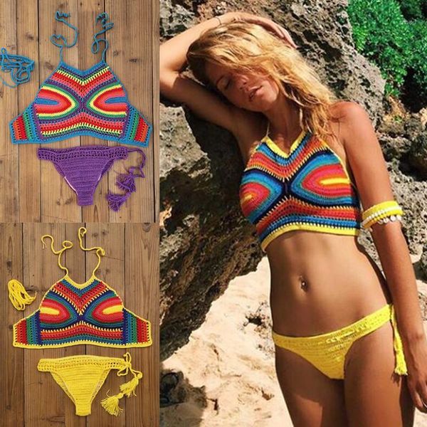 

hand crocheted bikini set starry night crop halter cami tank women swimwear beach1, White;black