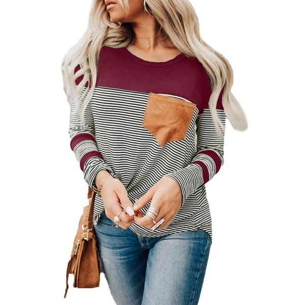 

women's t-shirt women round neck long sleeve striped patchwork t shirt color block tunic casual pullover with pocket, White