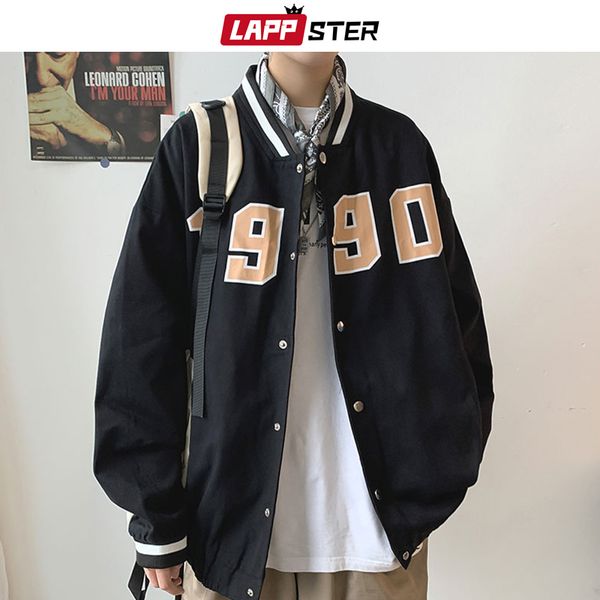 

lappster men 1990 print baseball jackets coats japanese hip hop windbreaker male korean fashions bomber varsity jackets 201116, Black;brown