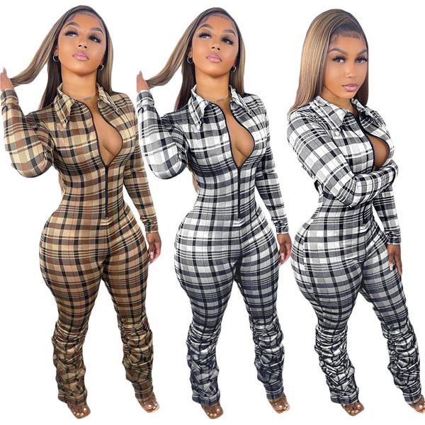 

wholesale stacked overalls for women jumpsuits one piece onesie plaid rompers long sleeve bodycon pajamas 6918, Black;white