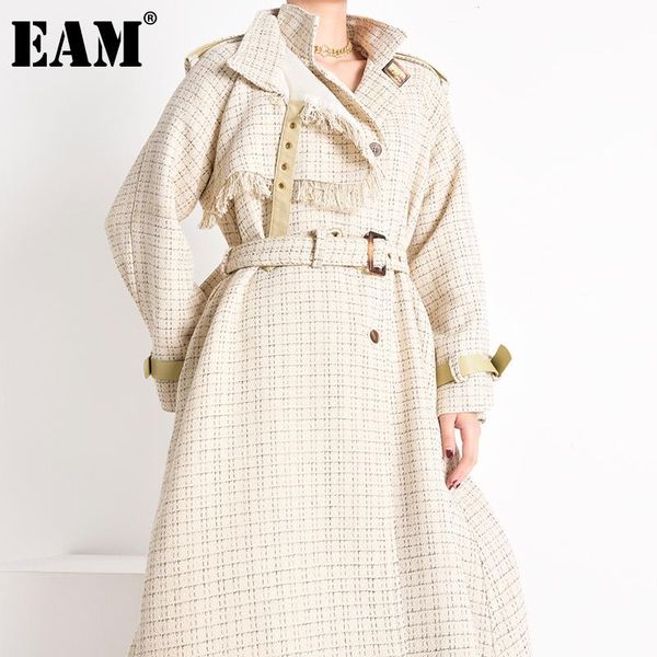 

women's trench coats [eam] women plaid tweed big size lapel long sleeve loose fit windbreaker fashion tide autumn winter 2021 1y39600, Tan;black