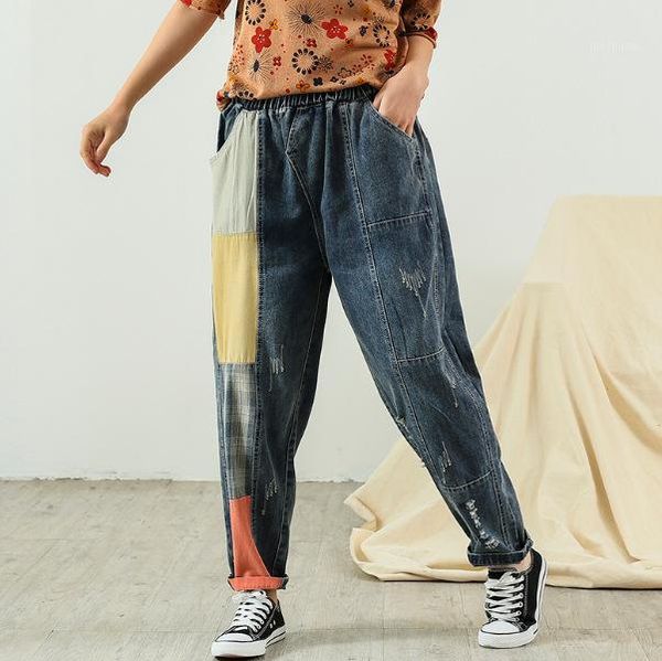 

2020 spring jeans women elastic waist loose all-match denim pants female casual patchwork pocket retro denim trousers1, Blue