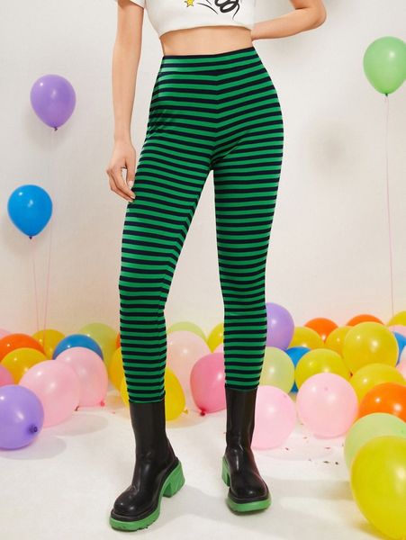 

striped print leggings x324#, Black