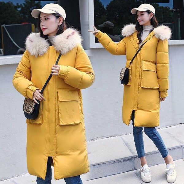 

fur hooded winter coat thicken parka women stitching slim long winter coat down cotton ladies down parka big pocket jacket women1, Black