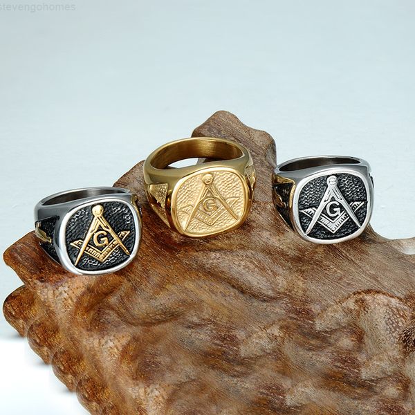 

steel retro vintage black ason silver 316l stainless masonic signet ring fashion new jewelry for men, Golden;silver