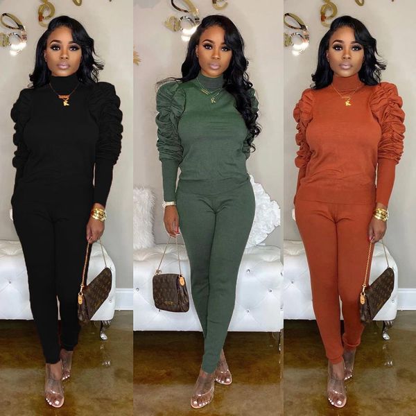

two piece set elegant tracksuit long sleeve office lady knitted women suit plus size outfits streetwear loungewear highneck 2 pc, Gray