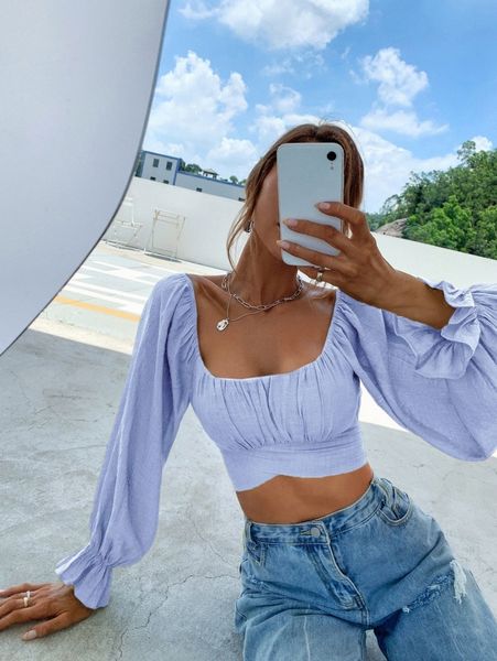 

square neck flounce sleeve tie back crop milkmaid blouse r23t#, White