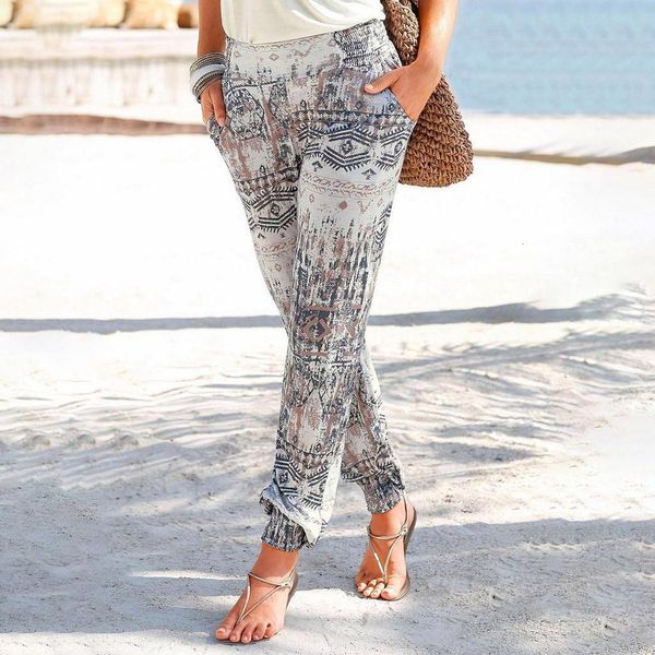 

summer beach print pockets full length women high waist printing easy trousers long pants sandy pants hip n4, Black;white