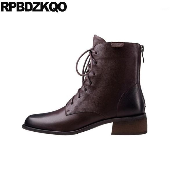 

short block combat winter women brand fur front lace up casual ankle boots autumn chunky shoes square toe booties brown1, Black