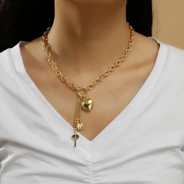

chains alloy long necklace simple minimalist romantic love heart key lock pendant necklaces for women jewelry, Silver