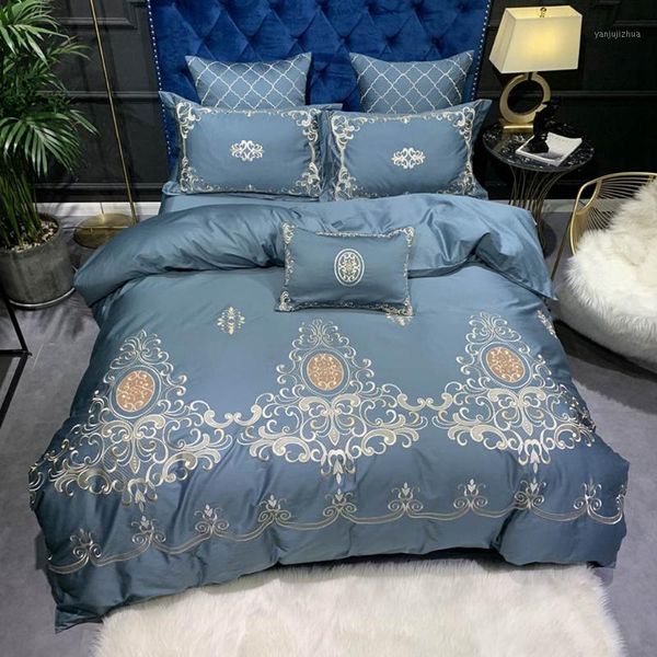 

papa&mima blue gold flowers egyptian cotton oriental bedding sets  king size embroidery duvet cover set sheets bedlinen1
