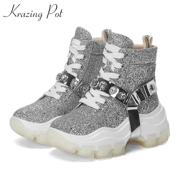 

krazing pot shiny metal crystal buckle straps round toe high heels thick bottom winter fashion gorgeous lace up ankle boots l2f6, Black