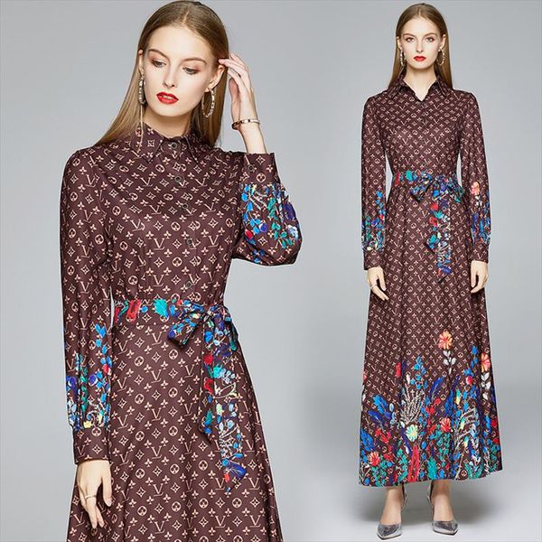 

new spring summer fall autumn floral letters print collar bow belt long sleeve women ladies party casual a line maxi beach dress, Black;gray