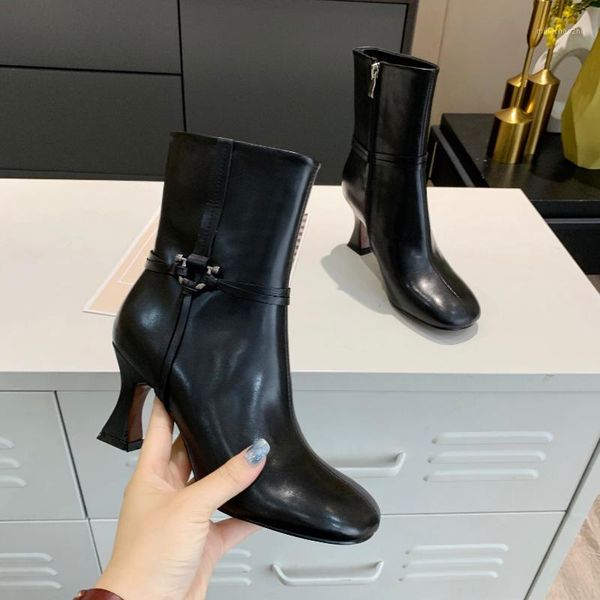 

boots round toe women mid calf cross-tied decor black genuine leather female high heel brand fashion design1