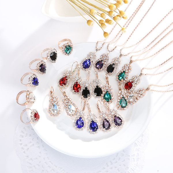 

lady crystal diamond water drop necklace earrings rings sets charm gold chain necklace for women fashion bride wedding jewelry kimter-k216fa