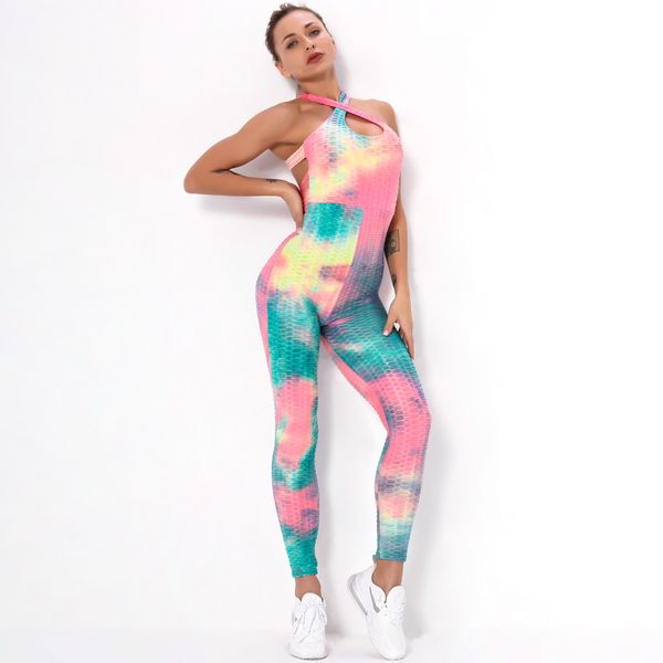 

moisture wicking yoga outfits spandex polyester jumpsuit sling fitness wear workout suit joggers for women tie dye jacquard bubble ink paint, White;red