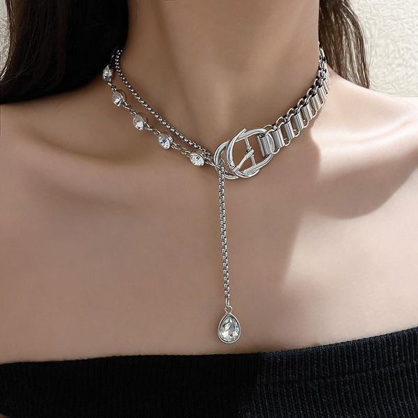 

fyuan geometric crystal choker necklaces for women splicing chain button long pendant necklaces statement jewelry, Golden;silver