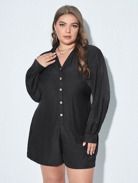 

plus solid button front shirt romper i064#, Black